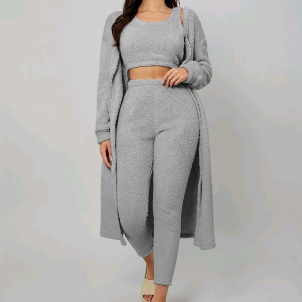 Shein Size XL 3pcs Drop Shoulder Belted Lounge Set Grey